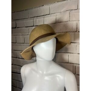HM Camel Tan Wool Floppy Brim Hat with Brown Faux Leather Band Size M 56